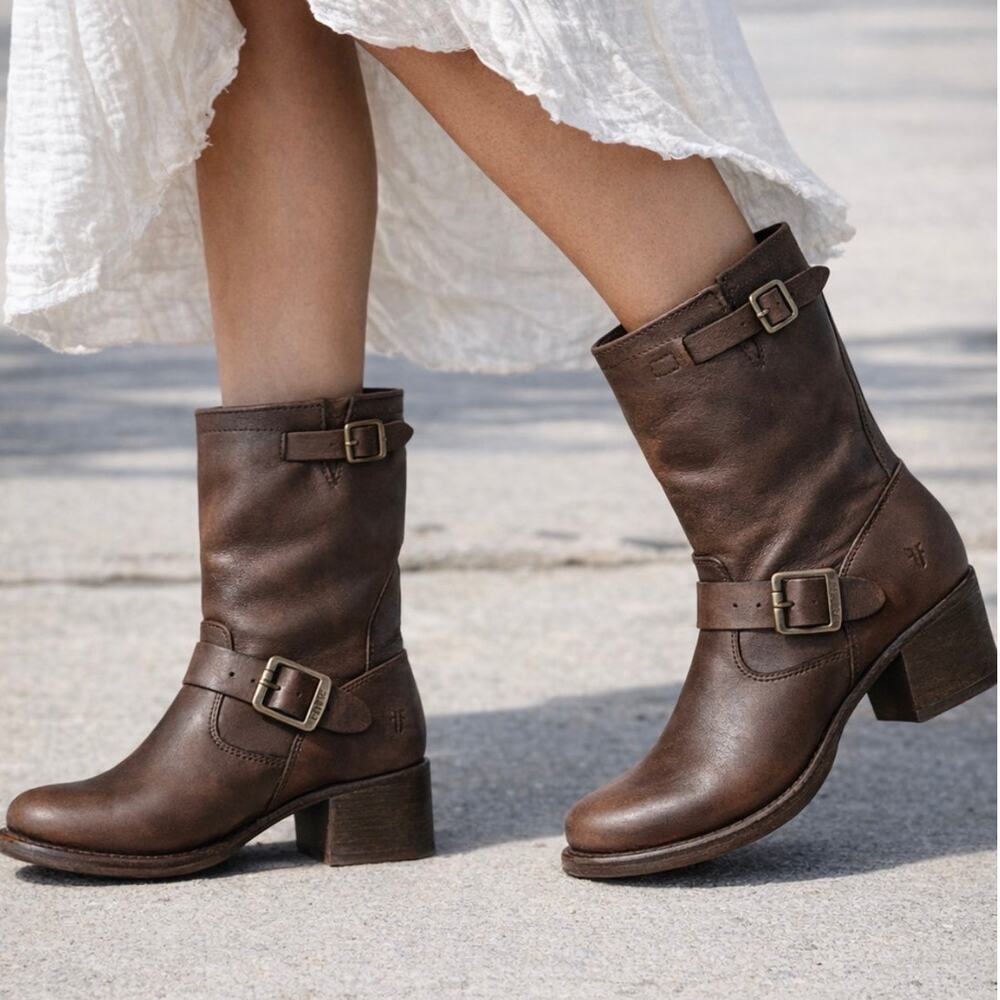 Frye Vera Brown Leather Round Toe Mid Calf Boots 6.5